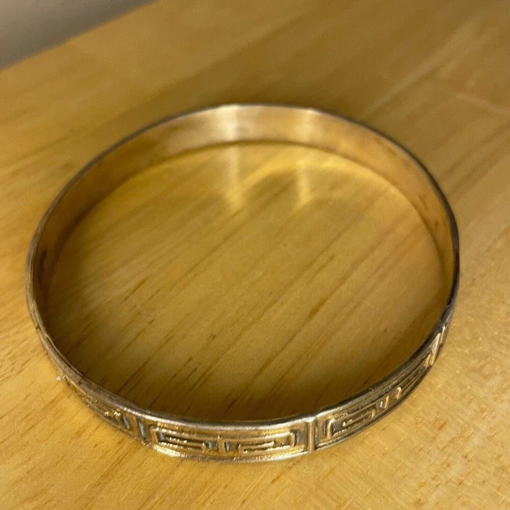 Greek Key Meander Sterling Bangle Bracelet Signed Mexico - Picture 6 of 9